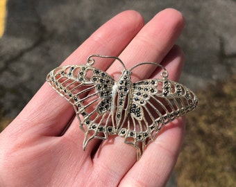 Broche Vintage Papillon En Argent Sterling Avec Marcassites, Topaze Et Grenat