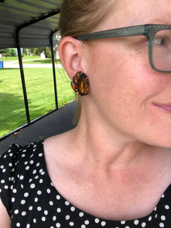 Vintage orange and brown rhinestone clip on earri… - image 2