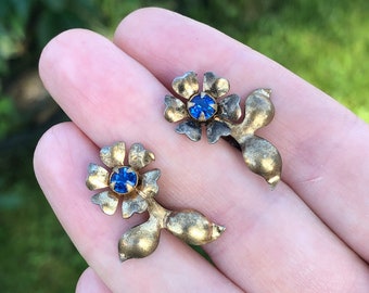 Sterling vermeil retro era flower earrings with blue rhinestone centers