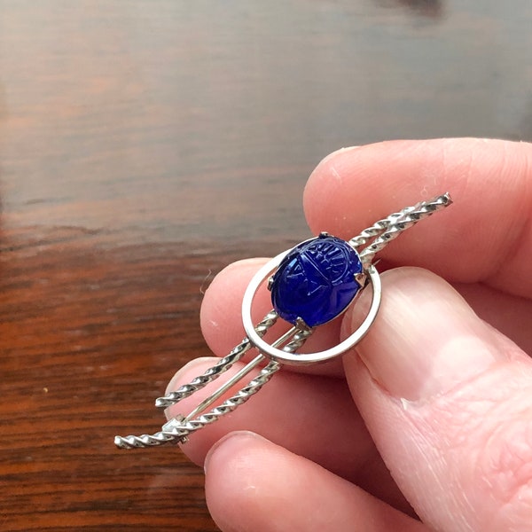 Blue glass scarab and sterling silver petite vintage brooch