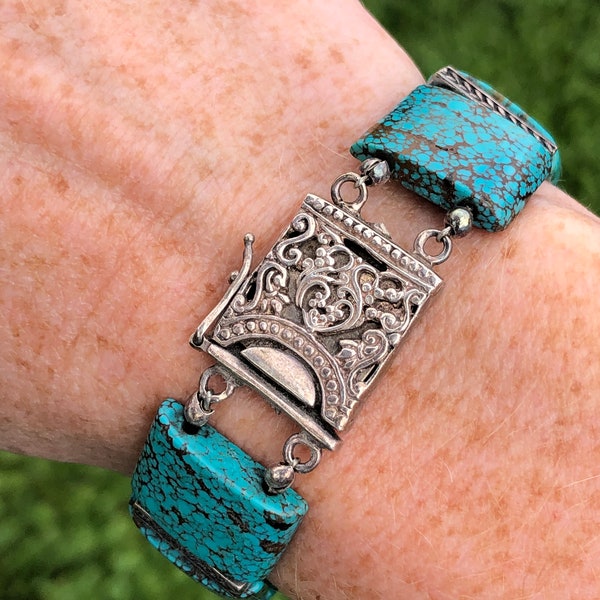 Sterling and spiderweb turquoise bracelet with decorative filigree box clasp