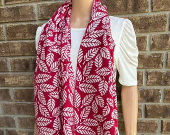Hand-Stamped Batik Scarf, Java Bali Scarf, Long Unique Floral Scarf, Red and White Casual Scarf, Muslim Head Scarf, Head Cover Long Syal
