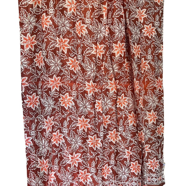 Light Weight Bergundy Large Silk Scarf | White Orange Star Flower Wrap | Hand Stamped Batik Ethnic Java Bali Syal | Muslim Long Head Cover