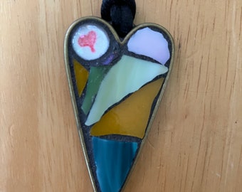 Mosaic Heart Pendant with Hand Drawn Heart Under Glass Cabachon