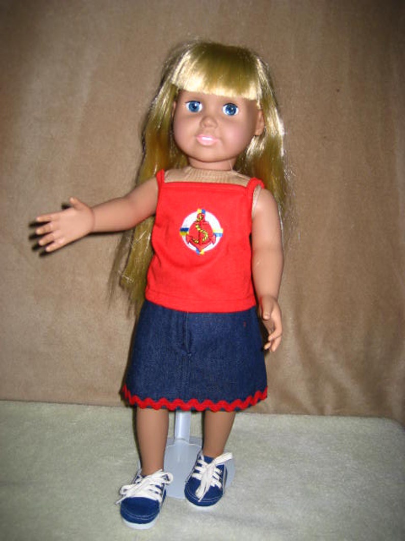 navy blue skirt and red top