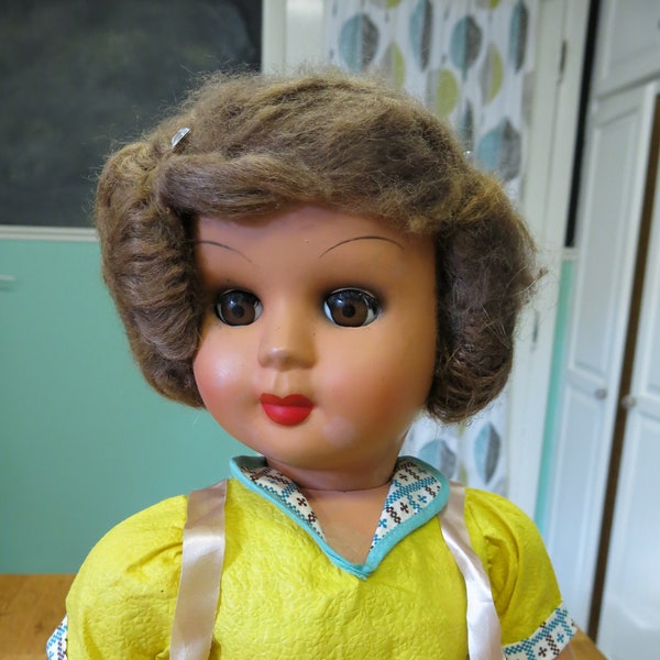 1940's Rare 24" Brevattato Doll Made in Italy With Mohair Wig And Made of Super Light Plastic In Retro Dress Marked A B C 65