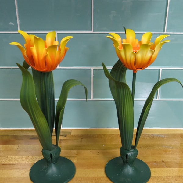 Hello Spring! MCM Pair of Painted Metal Tulip Candle Holders By Petites Choses USA W/Original Sticker-Lovely Condition