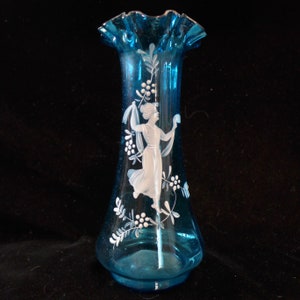 Gorgeous Fluted Mouth Blown Turquoise Fenton? Style Mary Gregory Vase, With Beautiful Victorian Lady Figure , Authentic Antique Vase-Glows!