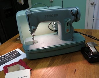 Pretty Little 1965 Singer 285K Straight Stitch Sewing Machine in Aqua Blue w/Original Case and Accessories