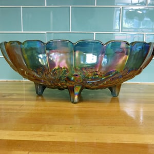 Vintage Iridescent Blue Carnival Glass Oval Footed Console Bowl by Indiana Glass Excellent Condition!