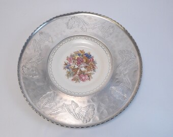 Beautiful Decorative Hammered Aluminum Rimmed (Farberware) Plate Made by Triumph American Limoges Pattern &quot;Imperial Victorian&quot; Fruit Scene