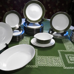 Lovely Vintage 36 Piece Set of 1970&#39;s Walden Pattern by Noritake Features Forest Green Band With Black Floral Motif & Silver Trim-Fantastic