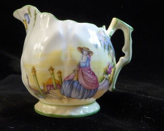 On Sale! 100.00 Off Circa 1925 Extremely Rare Hand Painted John Aynsley Footed Creamer In Venetian Lady Pattern #B1589 Scalloped-Perfect!