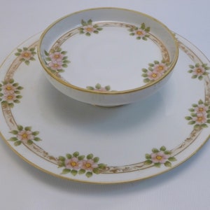 On Sale! Beautiful Antique Porcelain Nippon Tidbit Server With Hand Painted Pink Flowers With Green and Gold Trim-Excellent