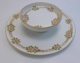 On Sale! Beautiful Antique Porcelain Nippon Tidbit Server With Hand Painted Pink Flowers With Green and Gold Trim-Excellent