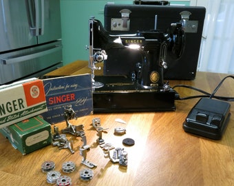 Lovely 1955 Singer Featherweight 221 Sewing Machine W/Prism Decals, Original Case, Book, Acc, Blind Stitch Att. Just Serviced, Ready to Sew!