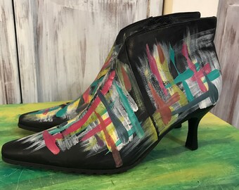 15 inches calf boot upcycled boot square end painted by hand size 37 black leather boot small heel