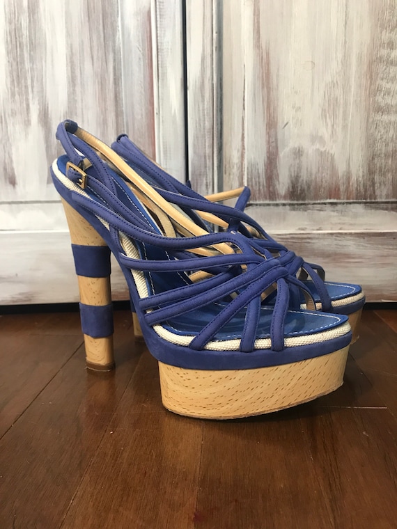 Sandales vintage -  cuir bleu - pompes talon - san