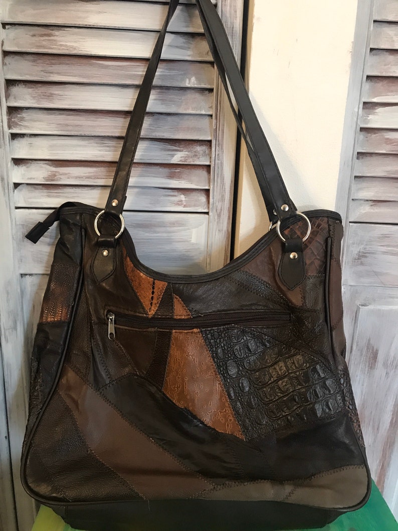 in brown brown leather 80 years to wear on the shoulder Vintage patchwork handbag