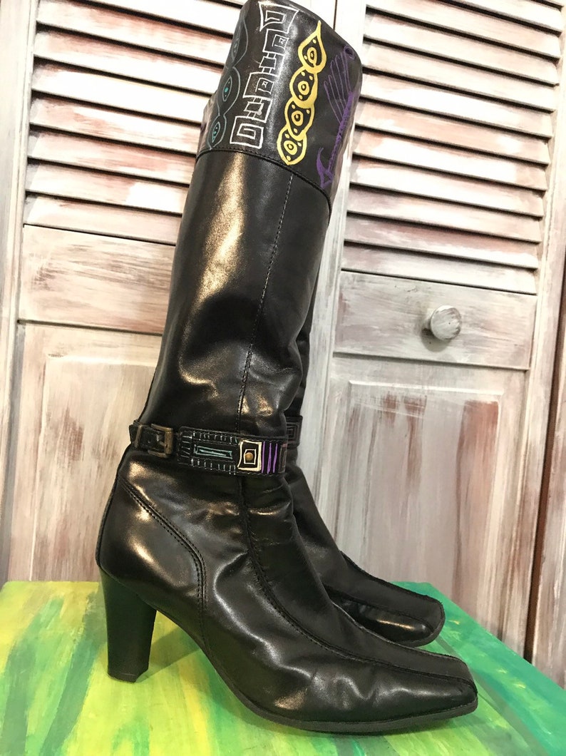 15 inches calf boot upcycled boot square end painted by hand size 37 black leather boot small heel