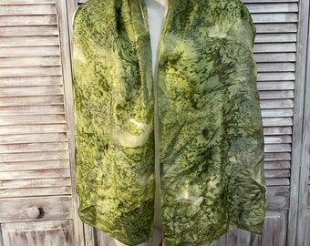 Vintage hand painted pure silk green scarf, 56 inches x 11 inches