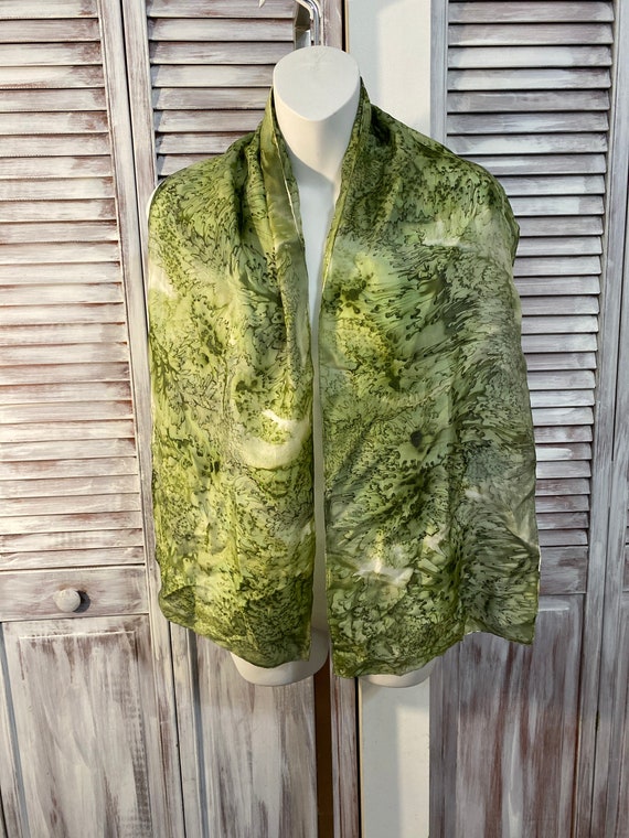 Vintage hand painted pure silk green scarf, 56 in… - image 1