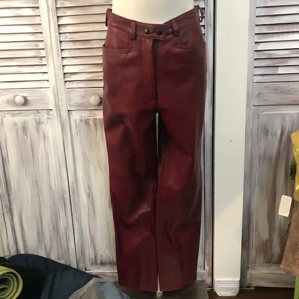 Women's leather pants - vintage pants - dark red leather - low waistline 30 inches - size 6 between legs 35 inches