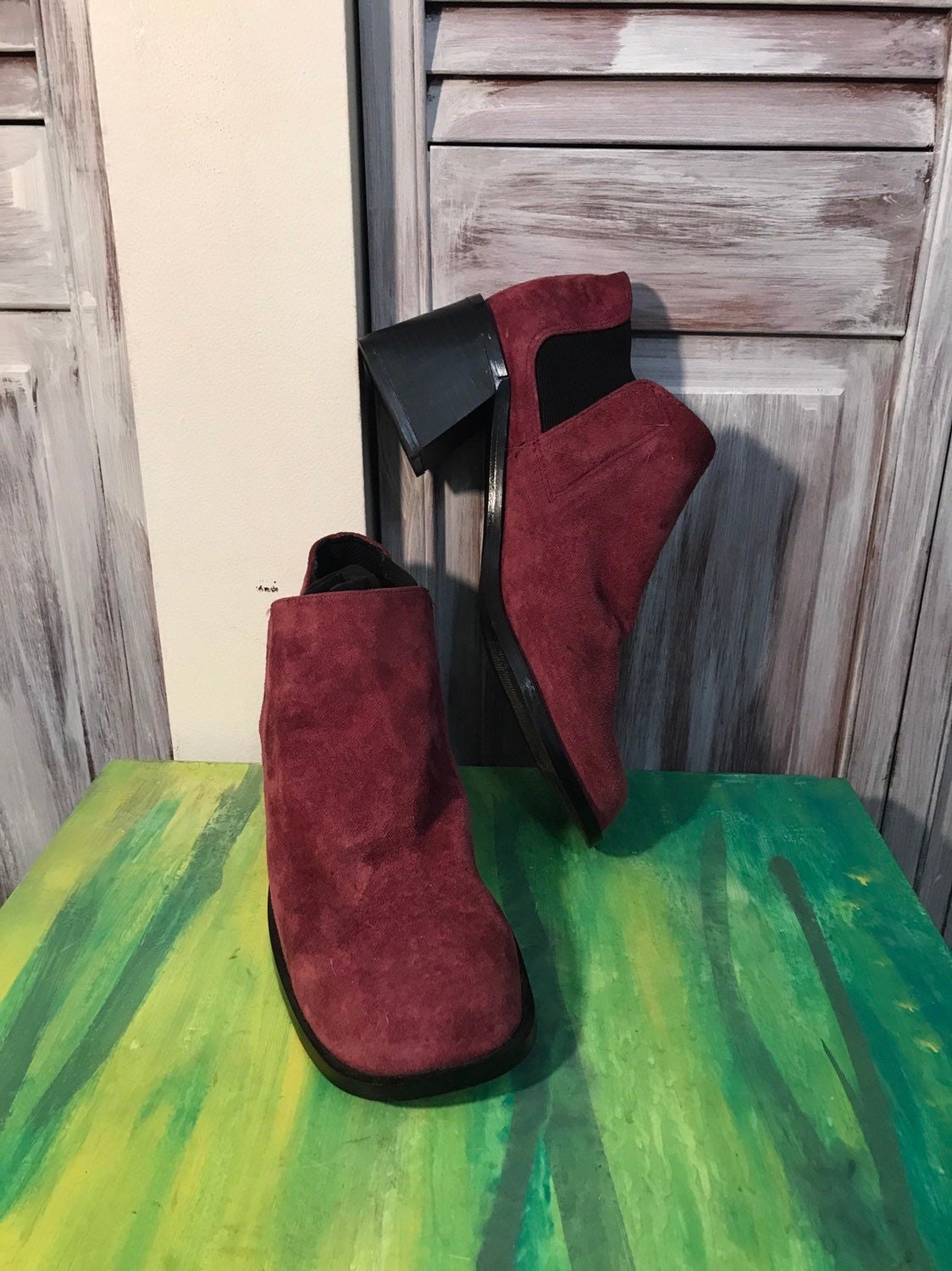 Vintage Women s Red Suede Boot 90s Wide Heels Chunky Red Boots