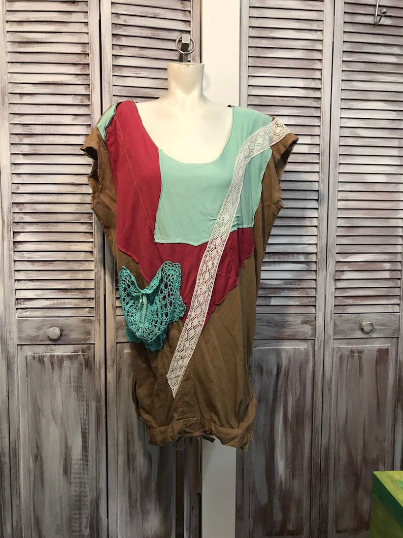 turquoise and Red Dress up cycled clothing-plus size-tunic boho-loose dress-unique tunic dress-one size-beige Brown