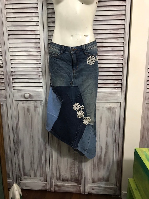 Lange Jeans Rok Upcycled Kleding Asymmetrische Rok Met Etsy
