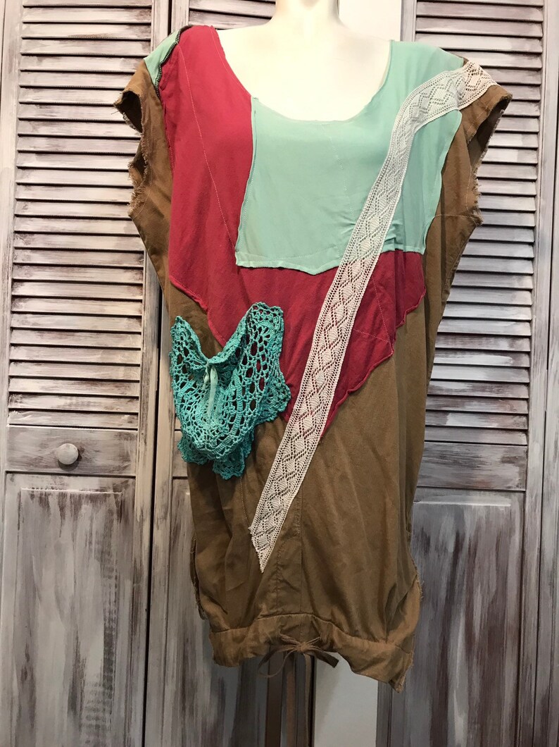 turquoise and Red Dress up cycled clothing-plus size-tunic boho-loose dress-unique tunic dress-one size-beige Brown
