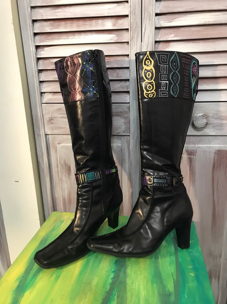 15 inches calf boot upcycled boot square end painted by hand size 37 black leather boot small heel
