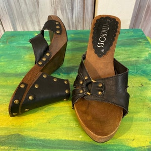 Leather Black Brown Sandals Heel Sandals With Studs Wooden Shoes Swedish  Clogs Handmade Clogs Sandals High Heel Wood Clog Open Toe Shoes 