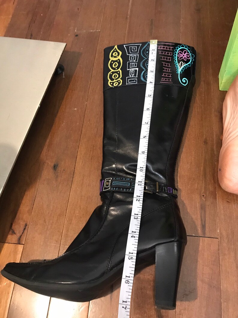 15 inches calf boot upcycled boot square end painted by hand size 37 black leather boot small heel