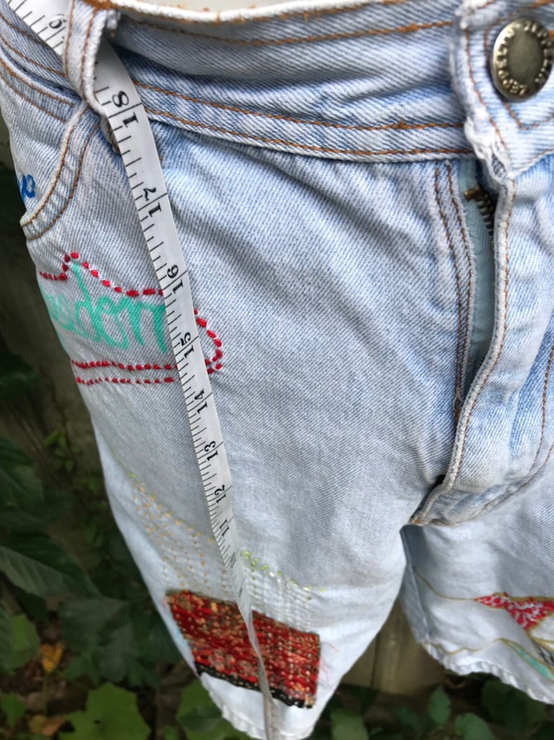 long vintage shorts high waist baggy Short up cycled patchwork embroidery size 30 shorts faded jeans