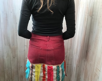 skirt - upcycled clothing - jeans - red - multicolored - size 8 - high waist