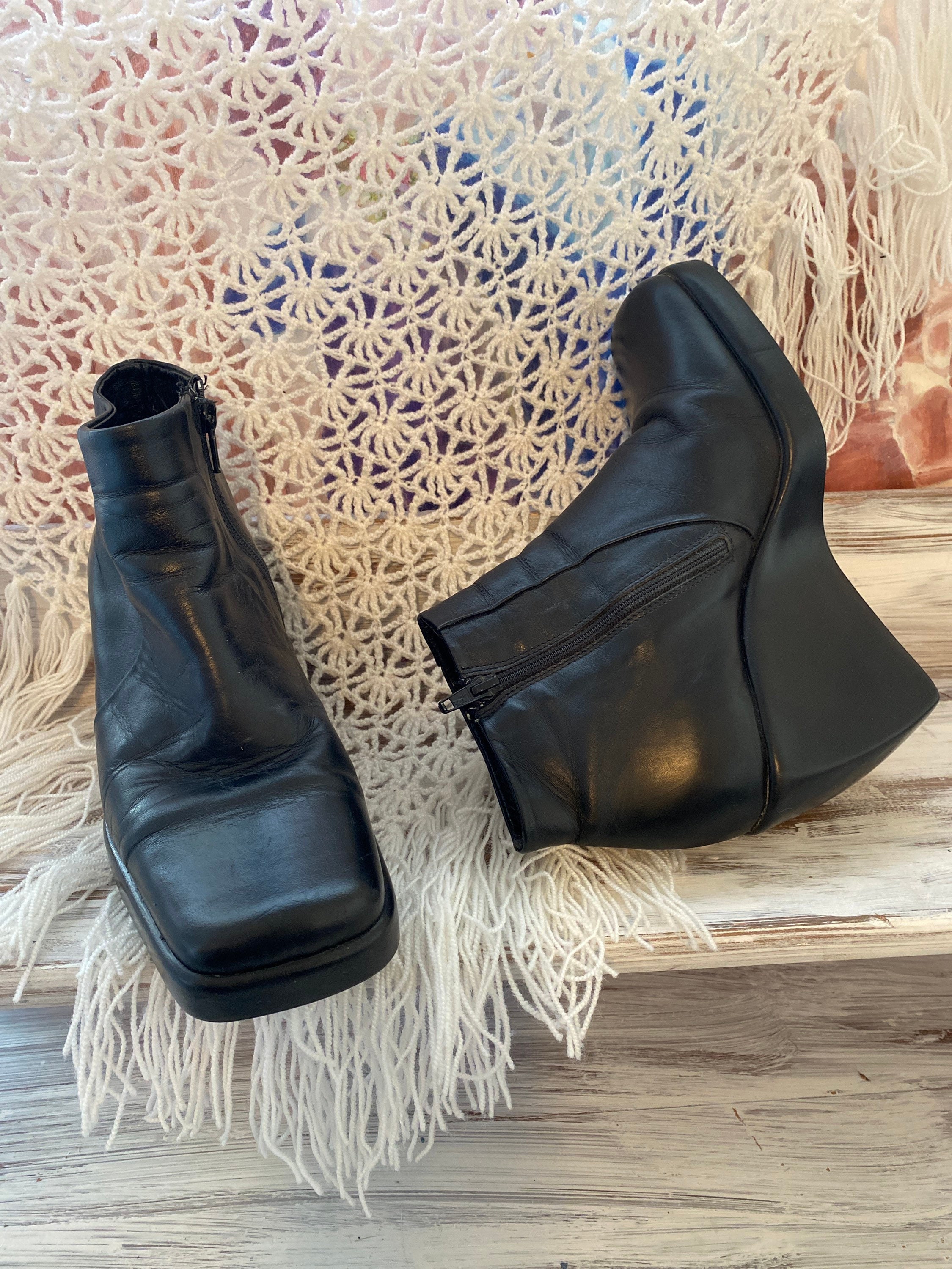 Monica Station Arkæologi Black Leather Ankle Boot With Square Toe Woman Vintage 90 Aldo - Etsy