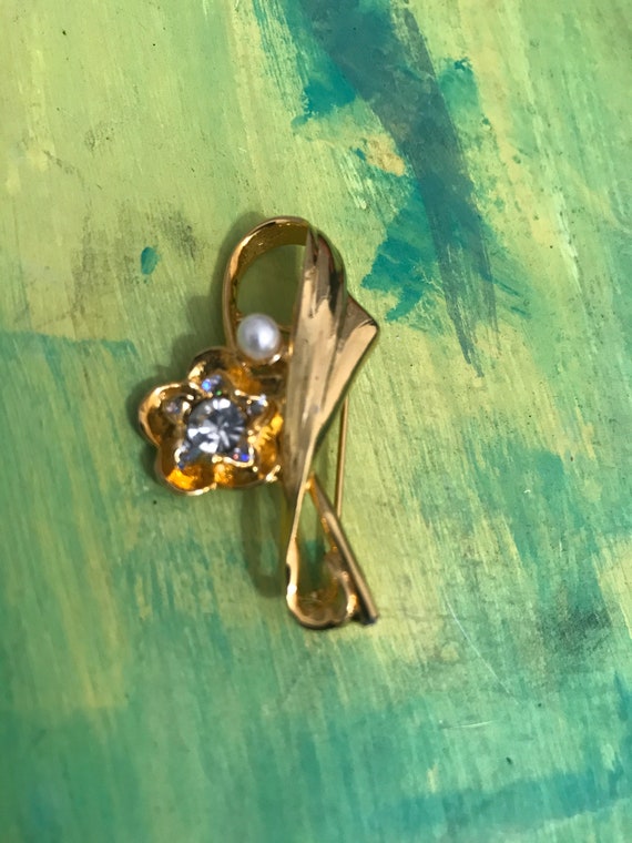 Broche Fleur Vintage – Plaqué Or Et Argent – Cœur Perle Nacrée – Occasion