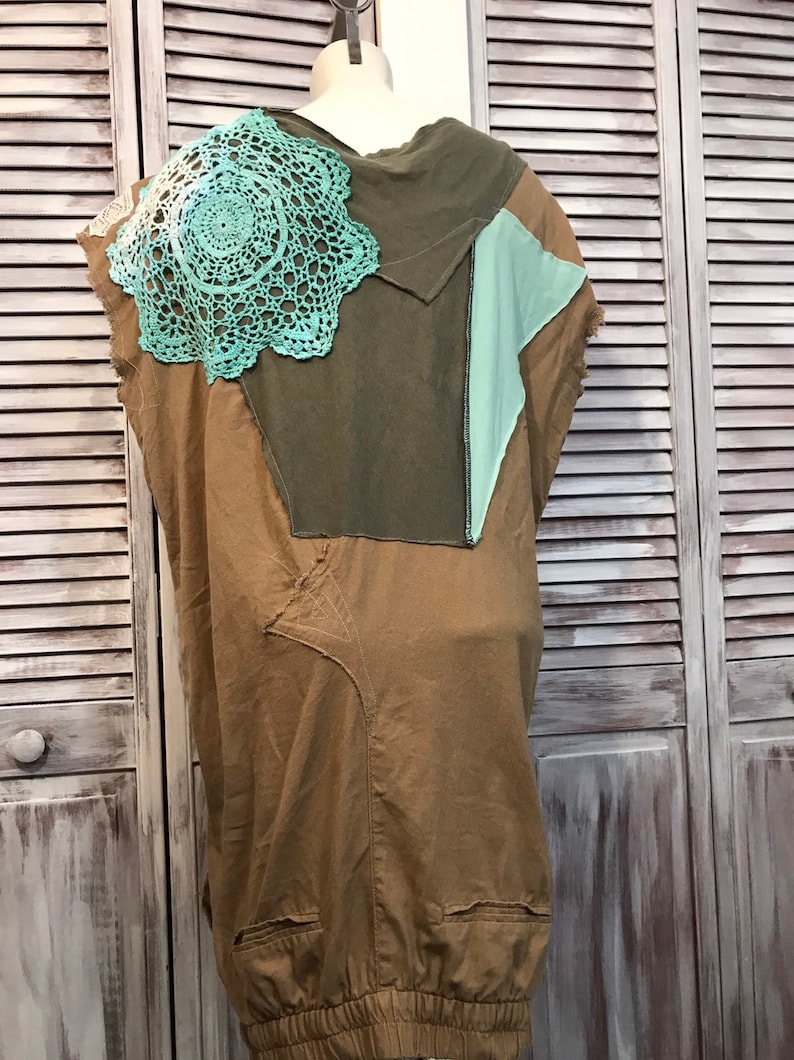 turquoise and Red Dress up cycled clothing-plus size-tunic boho-loose dress-unique tunic dress-one size-beige Brown