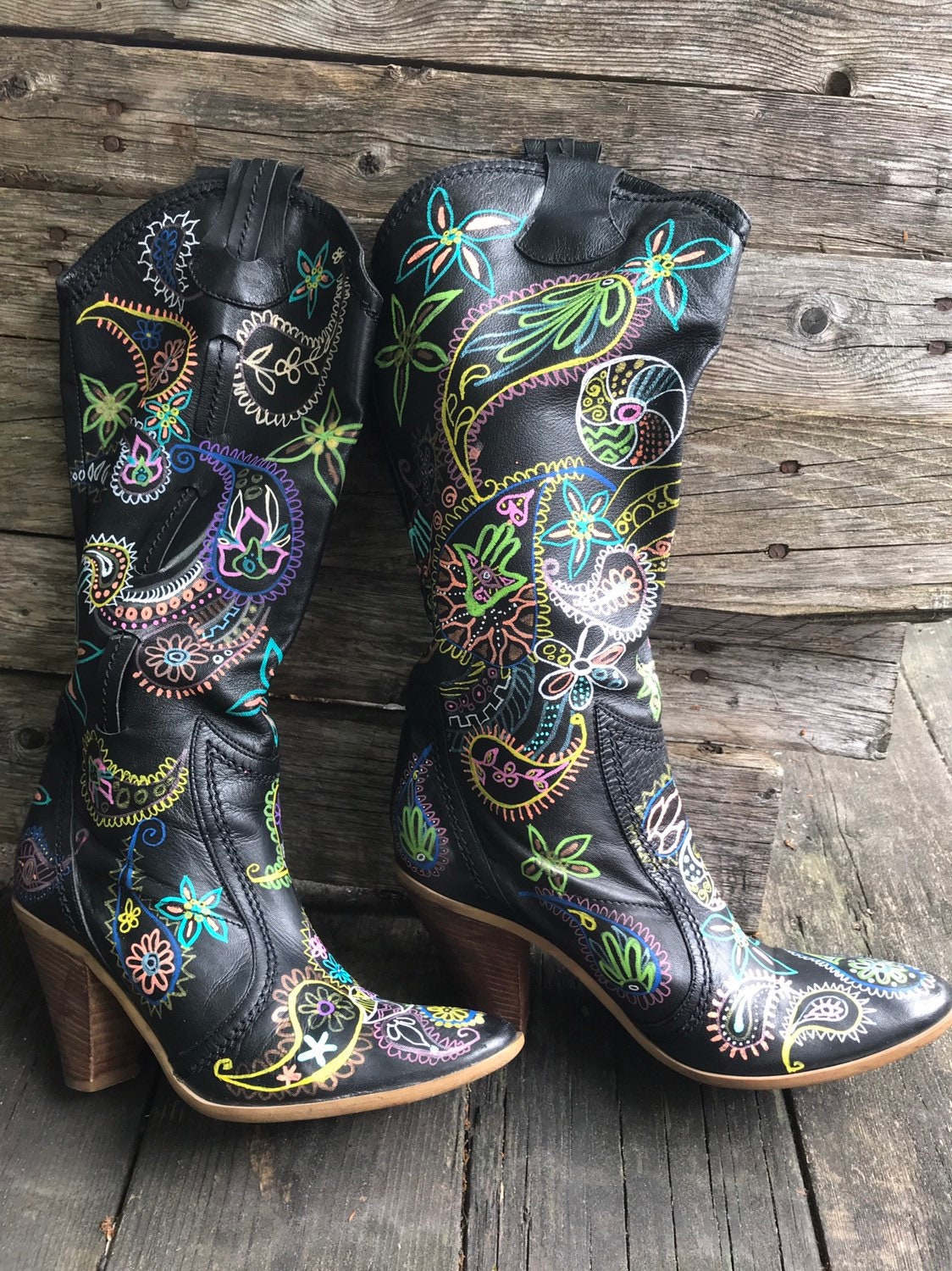 【U LAN】Vintage painted belted mid boots Upcycled Cowboy Boot - Vintage Boots - Hand-painted Boot