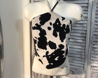 Haut pas de dos en suède noir et blanc top en peau de vache ajustable au dos grandeur médium vintage mais neuf des années 80s fait au Canada