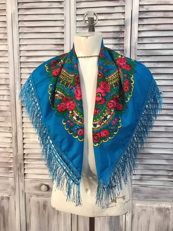 Large Scarf A Fringe Color Bright Turquoise With Pink and Yellow 27 Inches X 27 Inches Without Fringe Etsy Ireland