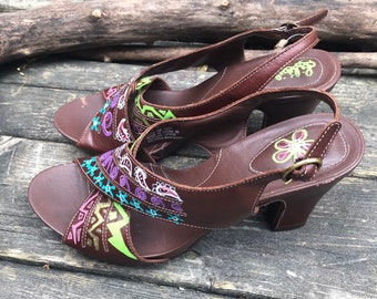 Up cycled sandals - boho sandals - hand painted multi color mandalas - brown leather shoe - super comfortable size 7