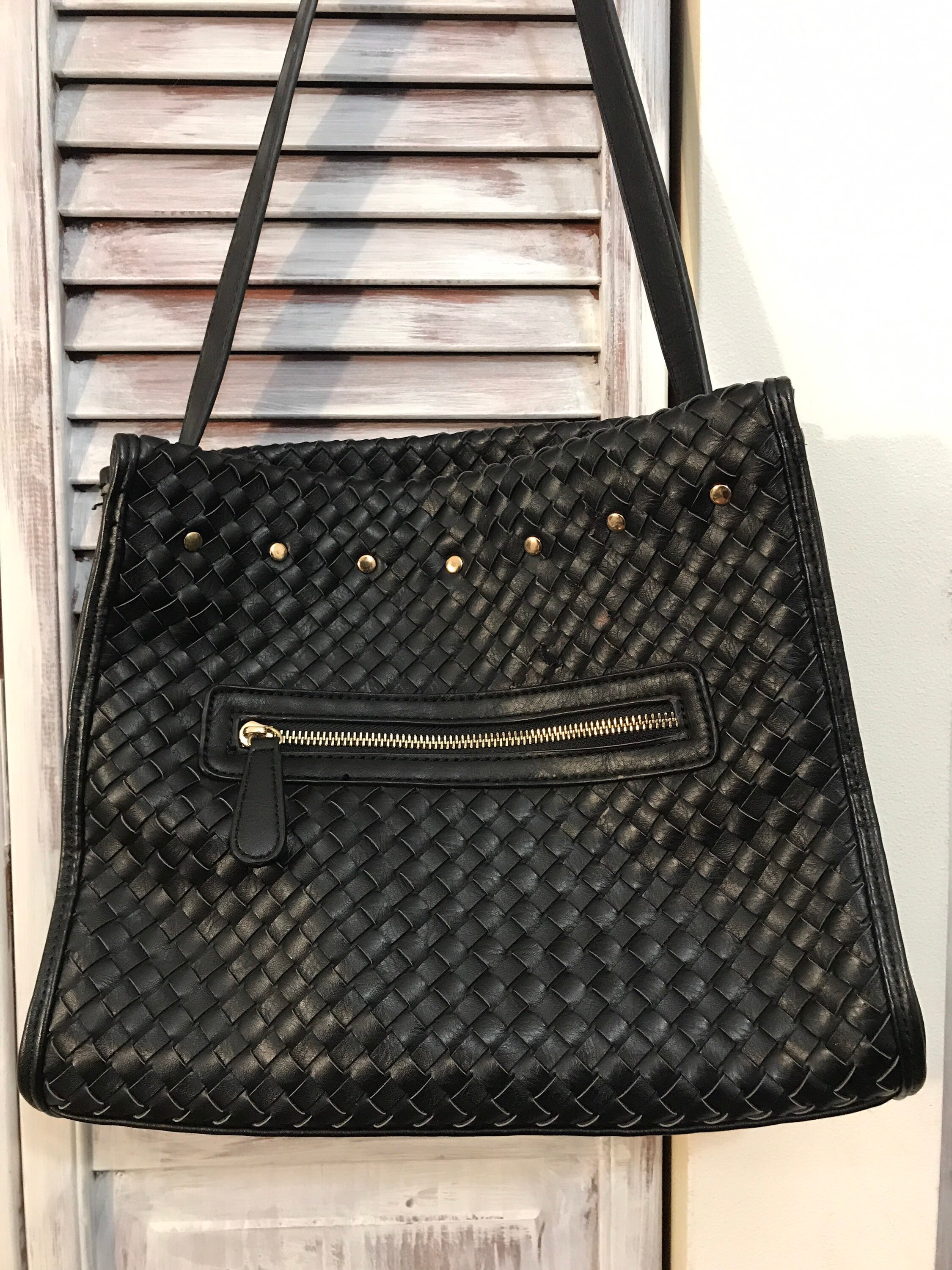 Vintage 80s handbag black woven handbag in synthetic leather Etsy