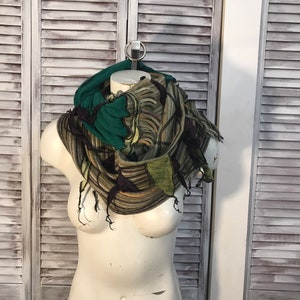 upcycled clothing - mauve and green and khaki and black tint scarf - tubular scarf modifiable in shawl - body adornment - bolero -