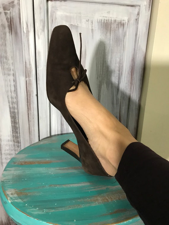 Women's shoe - vintage brown suede pumps - square… - image 2