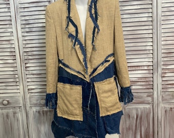 Jeans jacket Upcycled clothing woman unique frock coat in canvas and recovered jeans - size L