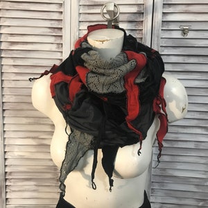 upcycled clothing - red, gray and black dyed scarf - changeable shawl tubular scarf - body adornment - bolero - dyed