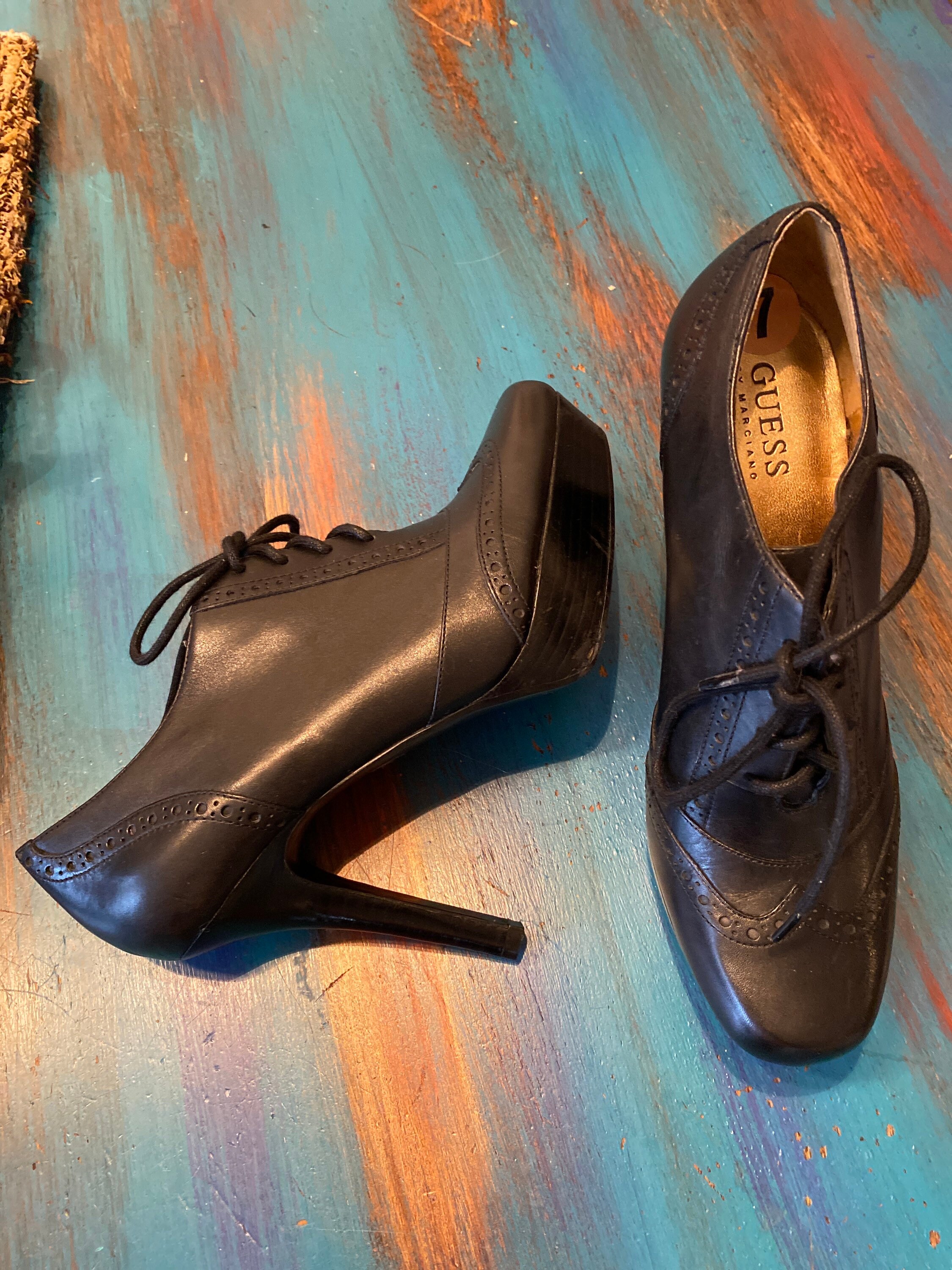 Black Leather Platform Shoe Wingtips Woman Vintage Size 7
