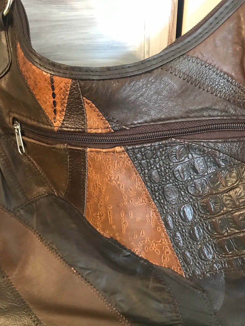 in brown brown leather 80 years to wear on the shoulder Vintage patchwork handbag